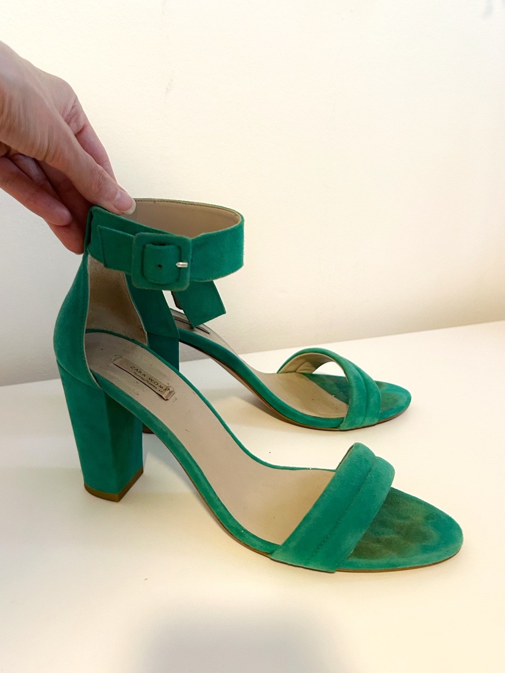 Zara Emerald Green Suede Ankle-Strap Block Heels - Women